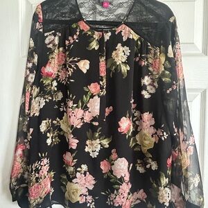 Vince Camuto Black Floral Lace-Yoke Blouse